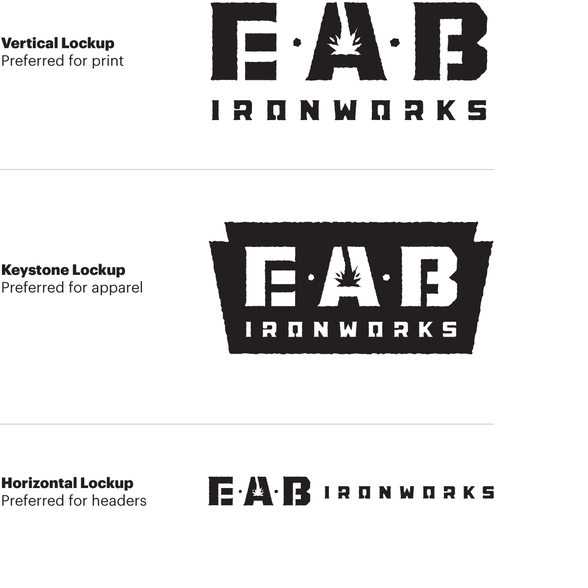 Black and white logos reading "EAB Ironworks"