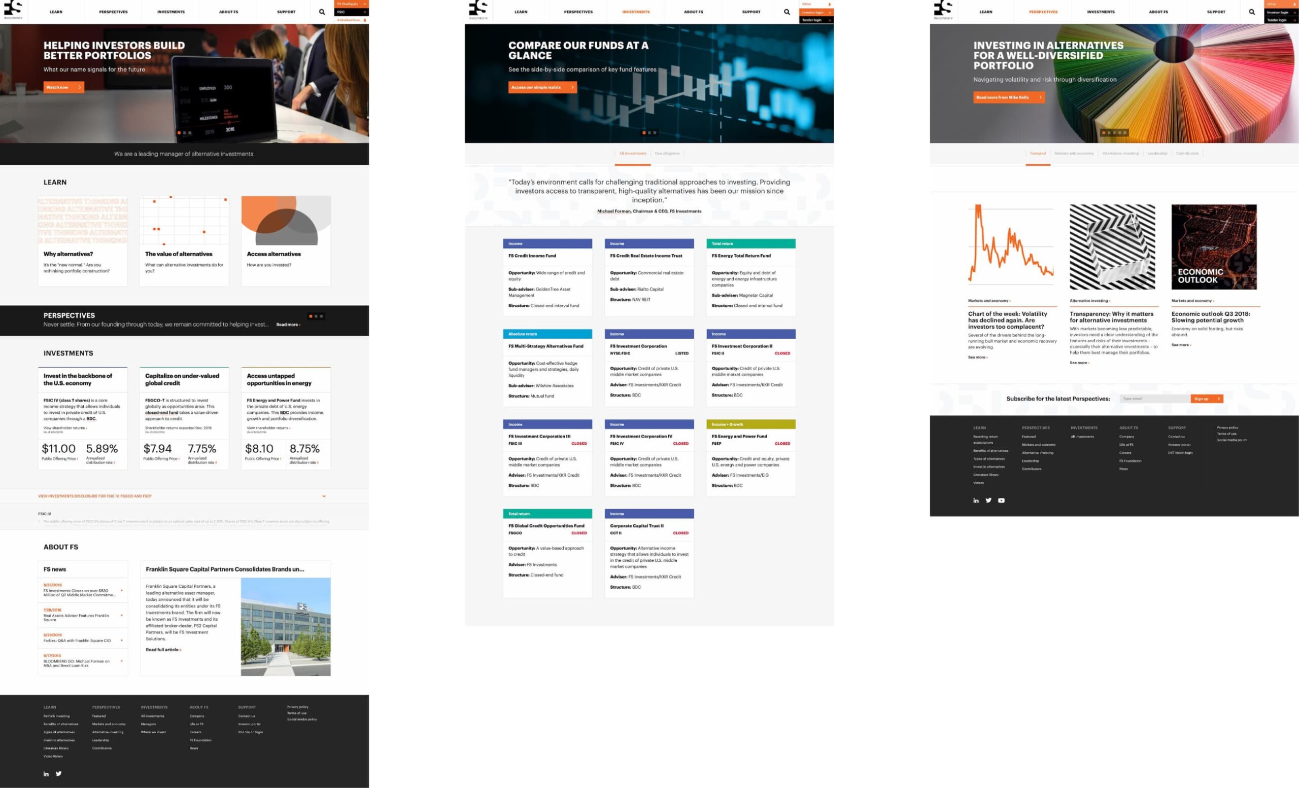 Three screenshots of website design for FS Investments