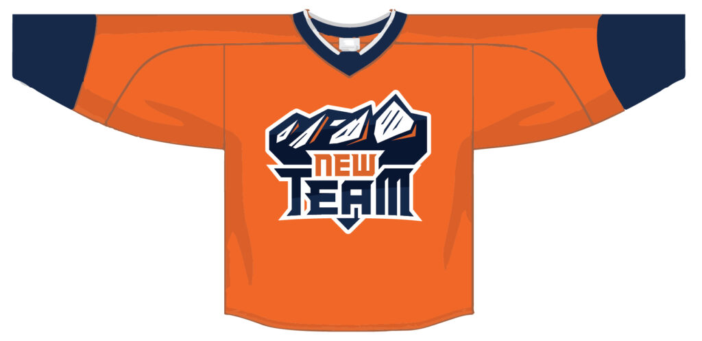 A blue and orange hockey jersey reading "New Team"